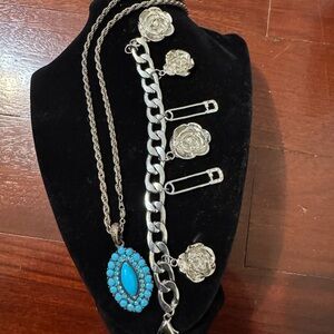 Turquoise and Silver- tone Necklace with Floral Accents